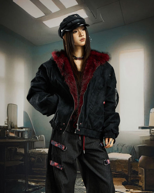 TALKLESSFASHION Heavy fourth-generation mountain carving cotton suit men's red fur collar American retro PU lint jacket plush thickened warm jacket