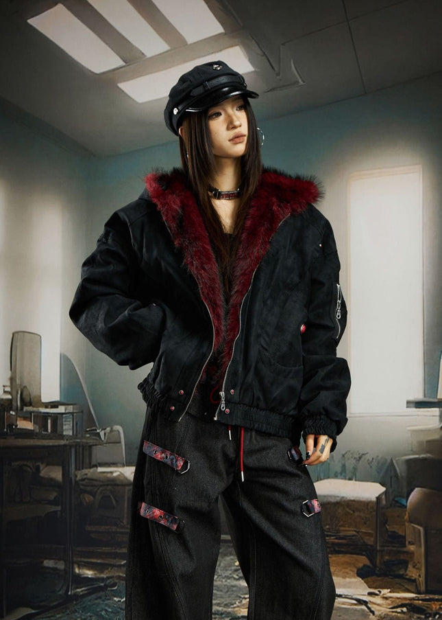 TALKLESSFASHION Heavy fourth-generation mountain carving cotton suit men's red fur collar American retro PU lint jacket plush thickened warm jacket