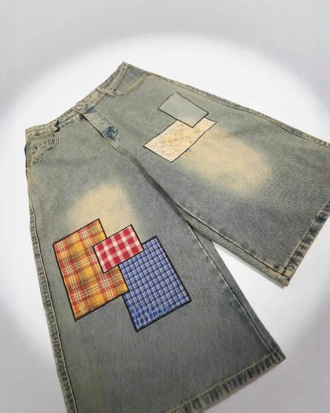 TALKLESSFASHION High Waist Patchwork Denim jort