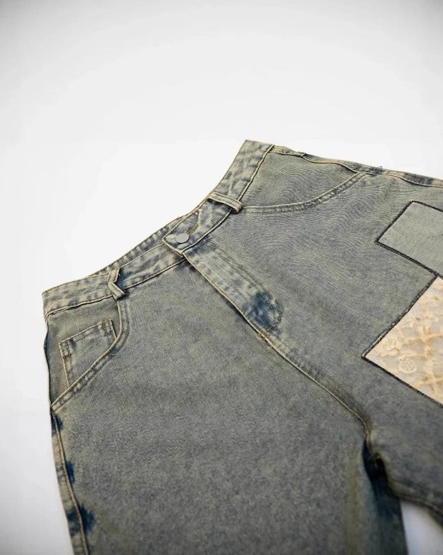 TALKLESSFASHION High Waist Patchwork Denim jort
