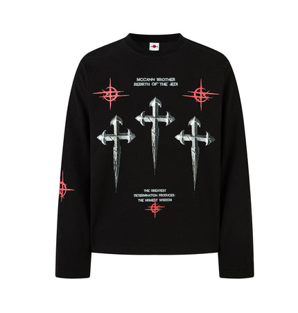 THETLSTUDIO Hip-Hop Dark Cross Graphic Long Sleeve Tee