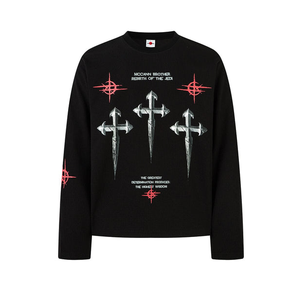 Hip-Hop Dark Cross Graphic Long Sleeve Tee