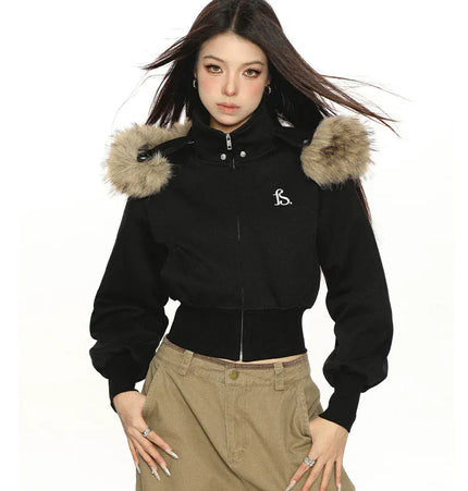 THETLSTUDIO Hot Girl Detachable Fur Collar Sweatshirt