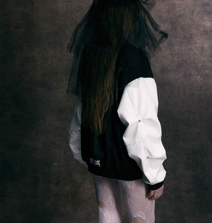 TALKLESSFASHION Jiaqing Varsity Jacket Halloween cross embroidered vintage patchwork leather jacket baseball jacket