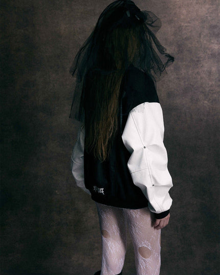 TALKLESSFASHION Jiaqing Varsity Jacket Halloween cross embroidered vintage patchwork leather jacket baseball jacket