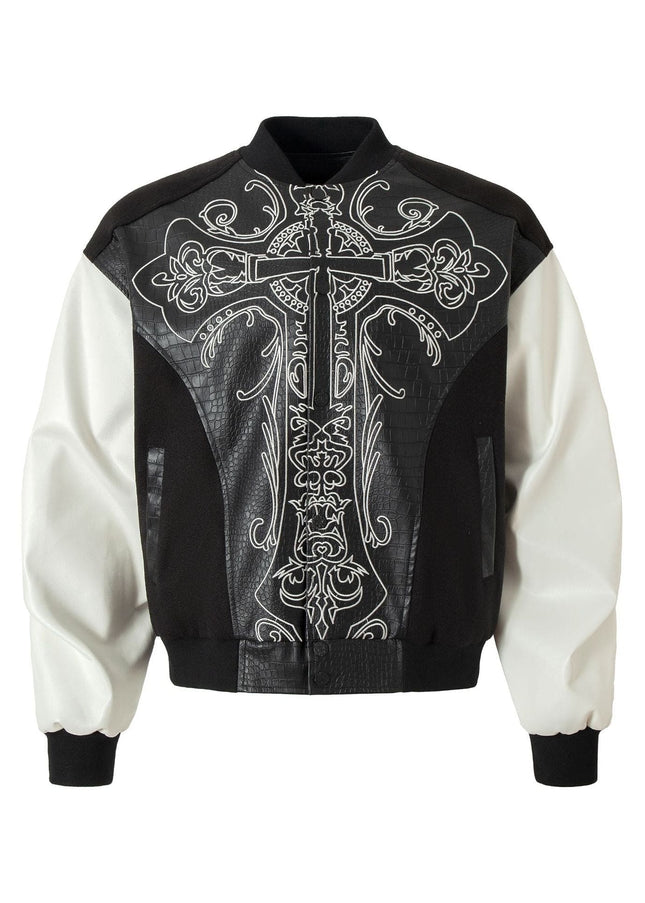 TALKLESSFASHION Jiaqing Varsity Jacket Halloween cross embroidered vintage patchwork leather jacket baseball jacket