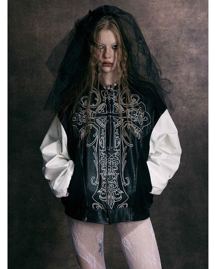 TALKLESSFASHION Jiaqing Varsity Jacket Halloween cross embroidered vintage patchwork leather jacket baseball jacket