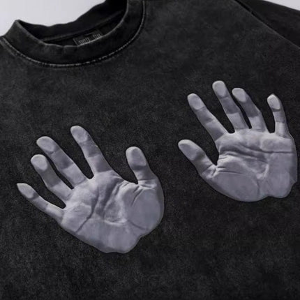 TALKLESSFASHION Jiaqlo men's 2025 spring and summer new American street fashion brand wash worn-out hand print short sleeve T-shirt men
