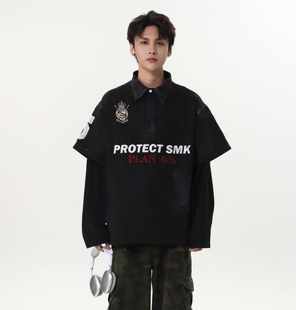 TALKLESSFASHION Jiaqlo Men's Fall and Winter 2025 new wasteland style American jersey fake two heavy embroidered polo collar sweatshirts