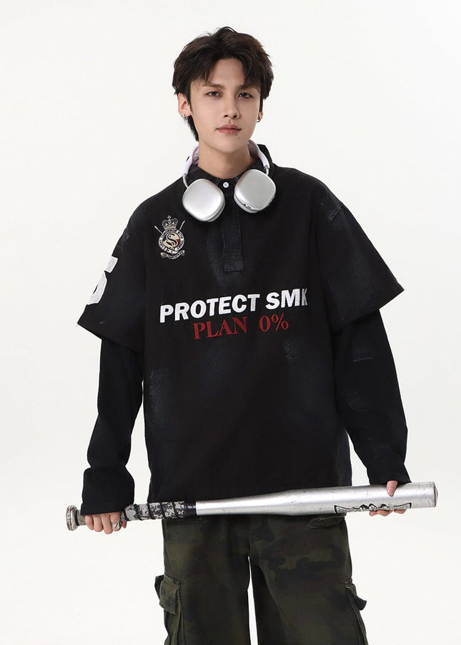 TALKLESSFASHION Jiaqlo Men's Fall and Winter 2025 new wasteland style American jersey fake two heavy embroidered polo collar sweatshirts