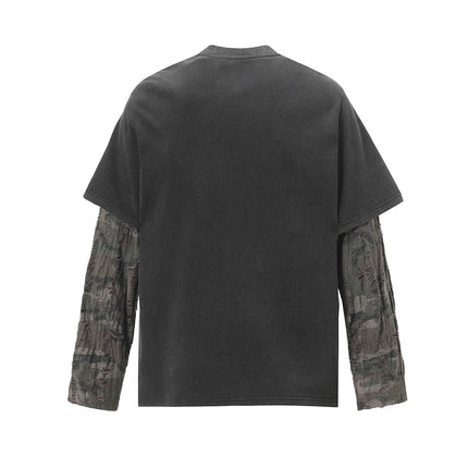 TALKLESSFASHION Jiayiku Men's 2026 New American Street Trendy Brand Fake Two Washed Damaged and Eroded Washed T-Shirt Long Sleeves