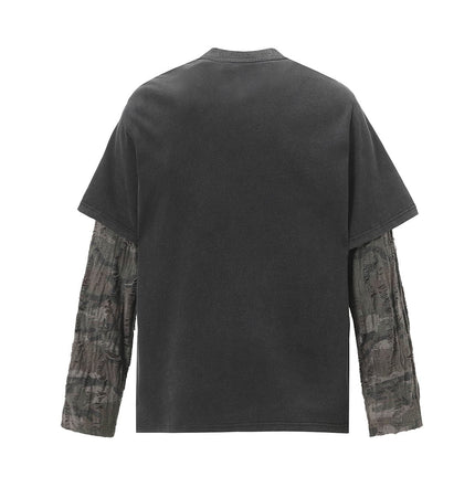THETLSTUDIO Jiayiku Men's 2026 New American Street Trendy Brand Fake Two Washed Damaged and Eroded Washed T-Shirt Long Sleeves