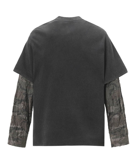 TALKLESSFASHION Jiayiku Men's 2026 New American Street Trendy Brand Fake Two Washed Damaged and Eroded Washed T-Shirt Long Sleeves
