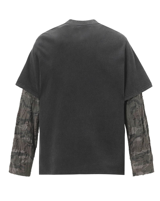 TALKLESSFASHION Jiayiku Men's 2026 New American Street Trendy Brand Fake Two Washed Damaged and Eroded Washed T-Shirt Long Sleeves