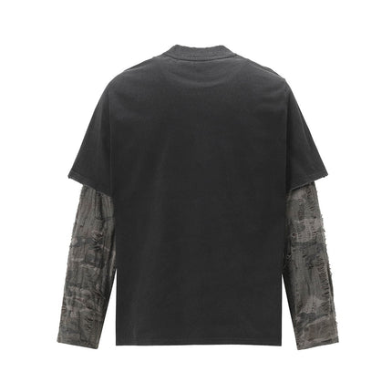TALKLESSFASHION Jiayiku Men's 2026 New American Street Trendy Brand Fake Two Washed Damaged and Eroded Washed T-Shirt Long Sleeves