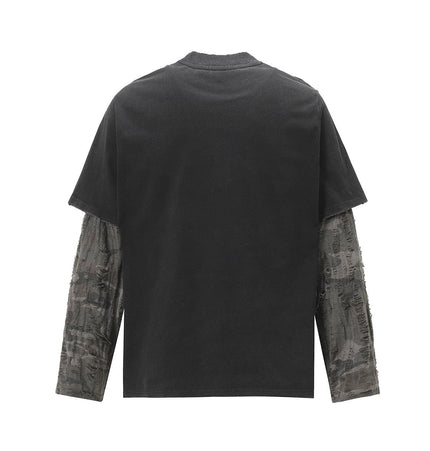 THETLSTUDIO Jiayiku Men's 2026 New American Street Trendy Brand Fake Two Washed Damaged and Eroded Washed T-Shirt Long Sleeves