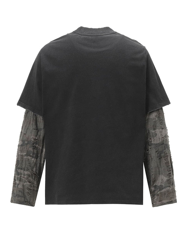 TALKLESSFASHION Jiayiku Men's 2026 New American Street Trendy Brand Fake Two Washed Damaged and Eroded Washed T-Shirt Long Sleeves