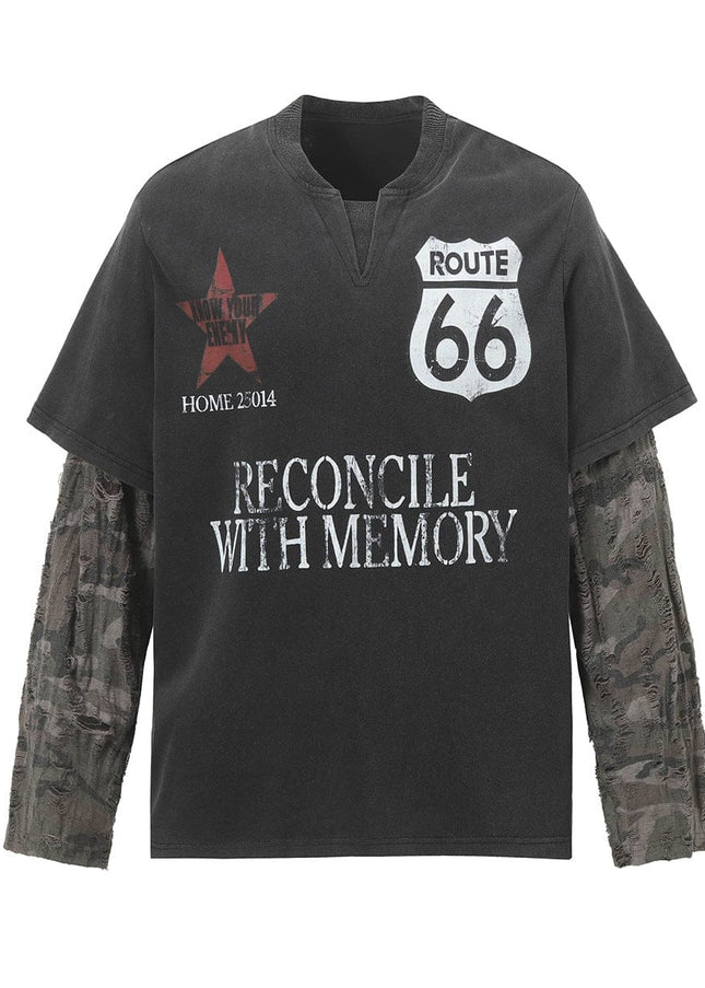 TALKLESSFASHION Jiayiku Men's 2026 New American Street Trendy Brand Fake Two Washed Damaged and Eroded Washed T-Shirt Long Sleeves