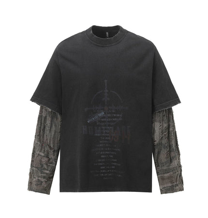 THETLSTUDIO Jiayiku Men's 2026 New American Street Trendy Brand Fake Two Washed Damaged and Eroded Washed T-Shirt Long Sleeves