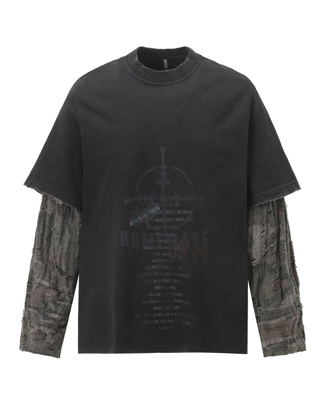 TALKLESSFASHION Jiayiku Men's 2026 New American Street Trendy Brand Fake Two Washed Damaged and Eroded Washed T-Shirt Long Sleeves