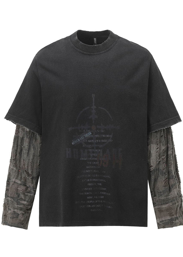 TALKLESSFASHION Jiayiku Men's 2026 New American Street Trendy Brand Fake Two Washed Damaged and Eroded Washed T-Shirt Long Sleeves