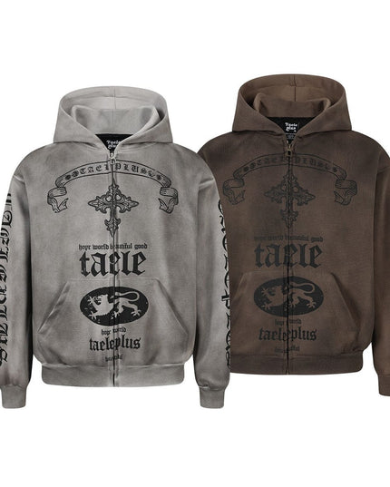 TALKLESSFASHION Jiayiku Men's 2026 New Wasteland Feng Shui Washed Stained Dyed Cardigan Sweatshirt Jacket Men's and Women's American Street Hoodie