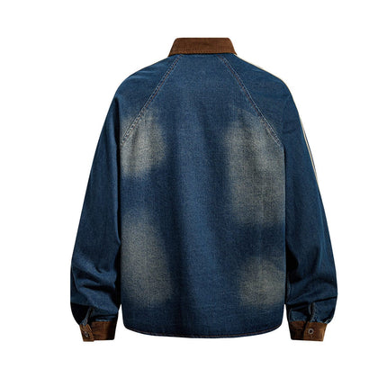 TALKLESSFASHION Jiayiku Men's Spring 2026 New American Campus Style Retro Washed Denim Shirt National Tide Embroidered Shirt