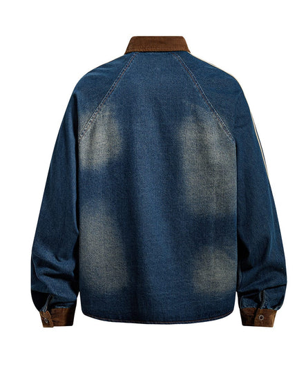 TALKLESSFASHION Jiayiku Men's Spring 2026 New American Campus Style Retro Washed Denim Shirt National Tide Embroidered Shirt
