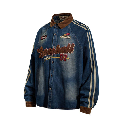 THETLSTUDIO Jiayiku Men's Spring 2026 New American Campus Style Retro Washed Denim Shirt National Tide Embroidered Shirt