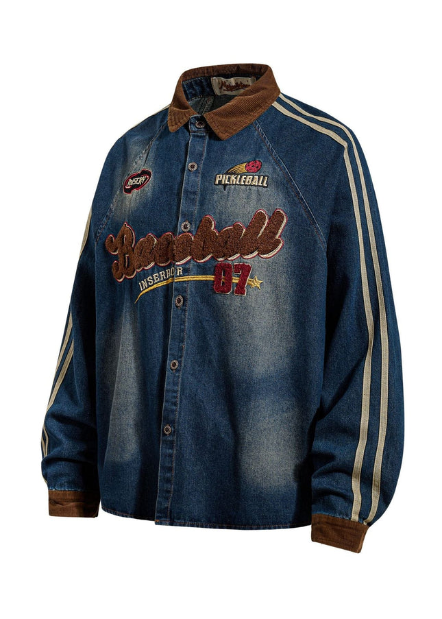 TALKLESSFASHION Jiayiku Men's Spring 2026 New American Campus Style Retro Washed Denim Shirt National Tide Embroidered Shirt