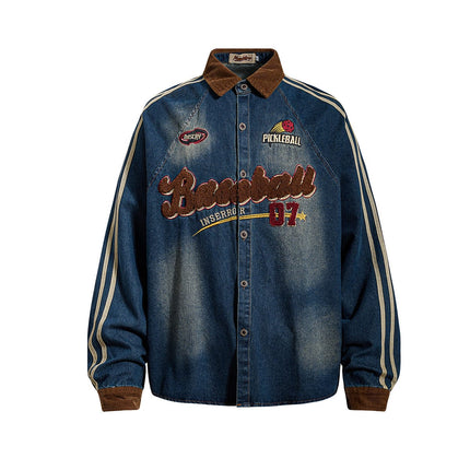 TALKLESSFASHION Jiayiku Men's Spring 2026 New American Campus Style Retro Washed Denim Shirt National Tide Embroidered Shirt