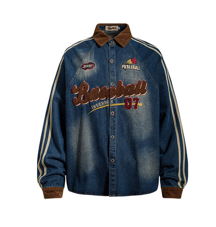THETLSTUDIO Jiayiku Men's Spring 2026 New American Campus Style Retro Washed Denim Shirt National Tide Embroidered Shirt