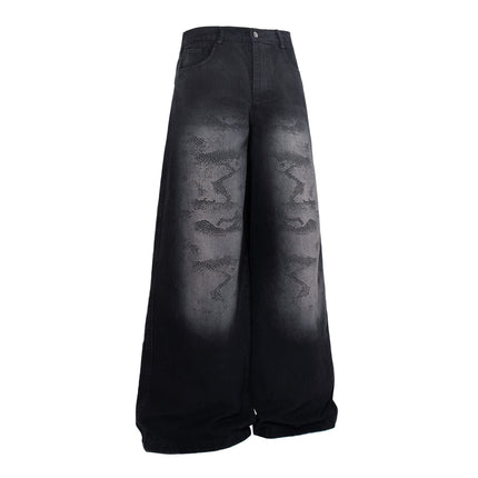 TALKLESSFASHION Jiayiku's 2026 new arrivals, American high street RO style, heavy washed wide-leg jeans, loose python pattern floor-length pants