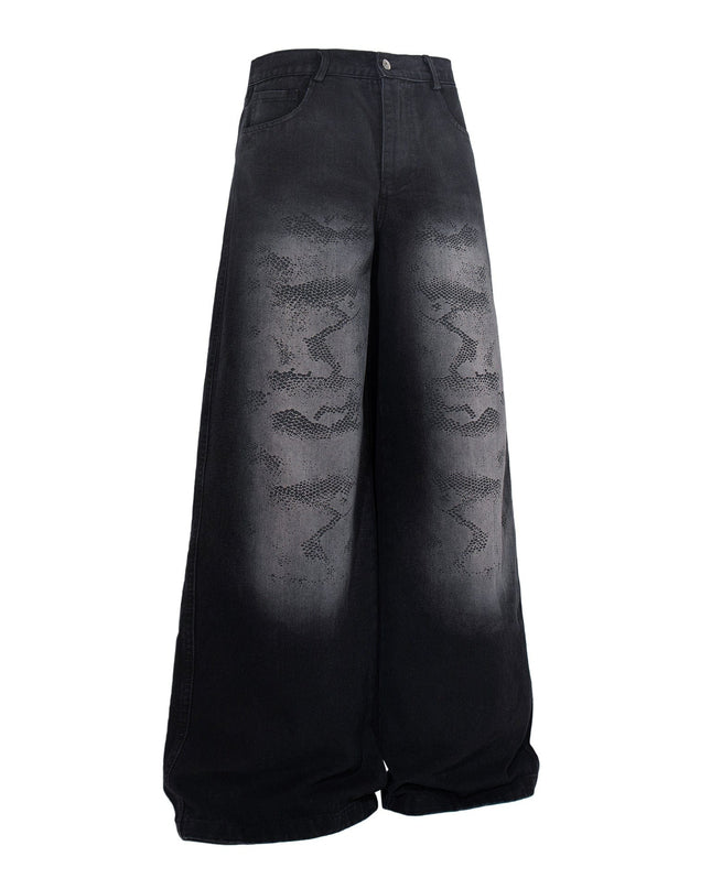 TALKLESSFASHION Jiayiku's 2026 new arrivals, American high street RO style, heavy washed wide-leg jeans, loose python pattern floor-length pants