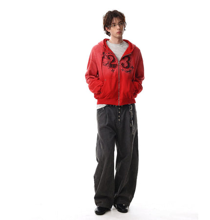 TALKLESSFASHION Jiayiku's 2026 new wasteland feng shui wash patch embroidered zipper sweatshirt jacket men's and women's American street hoodies