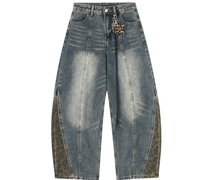 TALKLESSFASHION Jiayiku trendy brand 2025 autumn new American retro leopard print scimitar jeans men's and women's loose wide-leg trousers