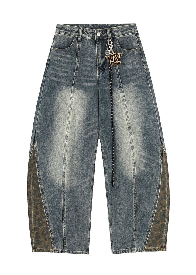 TALKLESSFASHION Jiayiku trendy brand 2025 autumn new American retro leopard print scimitar jeans men's and women's loose wide-leg trousers