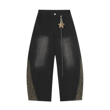TALKLESSFASHION Jiayiku trendy brand 2025 autumn new American retro leopard print scimitar jeans men's and women's loose wide-leg trousers