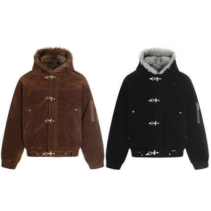 TALKLESSFASHION Jiayiku trendy brand 2025 winter mountain carving American old money style wool collar cotton jacket padded jacket suede cotton jacket
