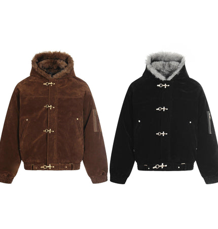 TALKLESSFASHION Jiayiku trendy brand 2025 winter mountain carving American old money style wool collar cotton jacket padded jacket suede cotton jacket