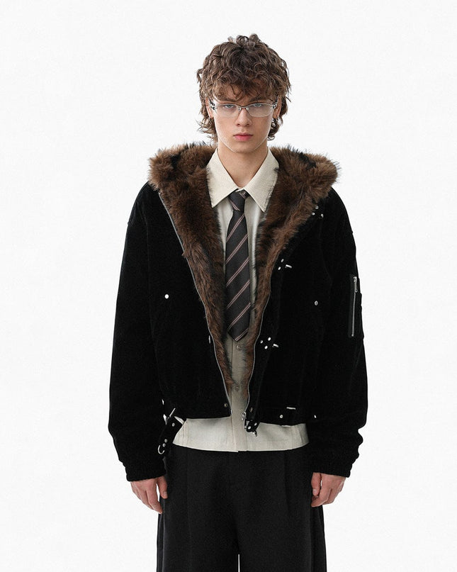 TALKLESSFASHION Jiayiku trendy brand 2025 winter mountain carving American old money style wool collar cotton jacket padded jacket suede cotton jacket