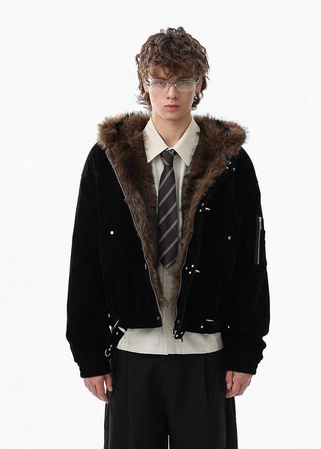TALKLESSFASHION Jiayiku trendy brand 2025 winter mountain carving American old money style wool collar cotton jacket padded jacket suede cotton jacket