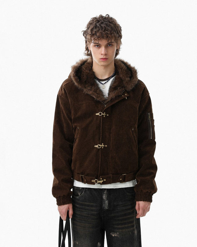 TALKLESSFASHION Jiayiku trendy brand 2025 winter mountain carving American old money style wool collar cotton jacket padded jacket suede cotton jacket