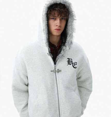 TALKLESSFASHION Jiayiku trendy brand 2025 winter new American mountain carved fur collar cotton jacket fleece sweatshirt jacket hooded cotton jacket
