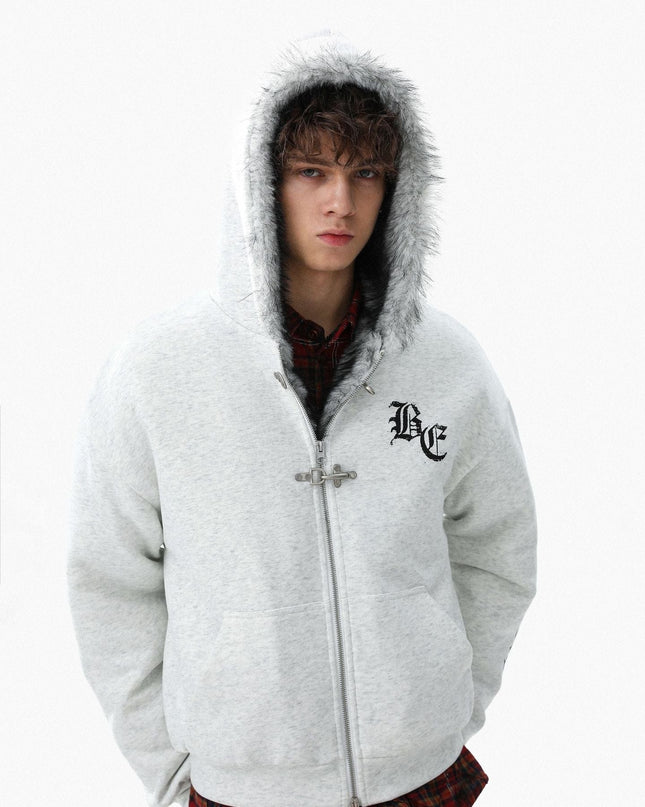 TALKLESSFASHION Jiayiku trendy brand 2025 winter new American mountain carved fur collar cotton jacket fleece sweatshirt jacket hooded cotton jacket