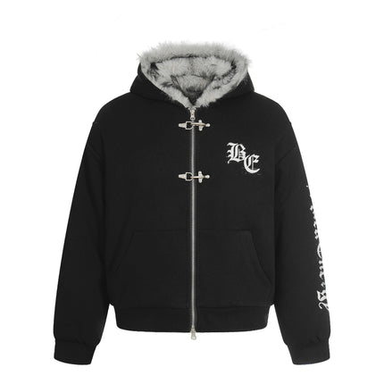 TALKLESSFASHION Jiayiku trendy brand 2025 winter new American mountain carved fur collar cotton jacket fleece sweatshirt jacket hooded cotton jacket