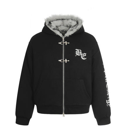 TALKLESSFASHION Jiayiku trendy brand 2025 winter new American mountain carved fur collar cotton jacket fleece sweatshirt jacket hooded cotton jacket