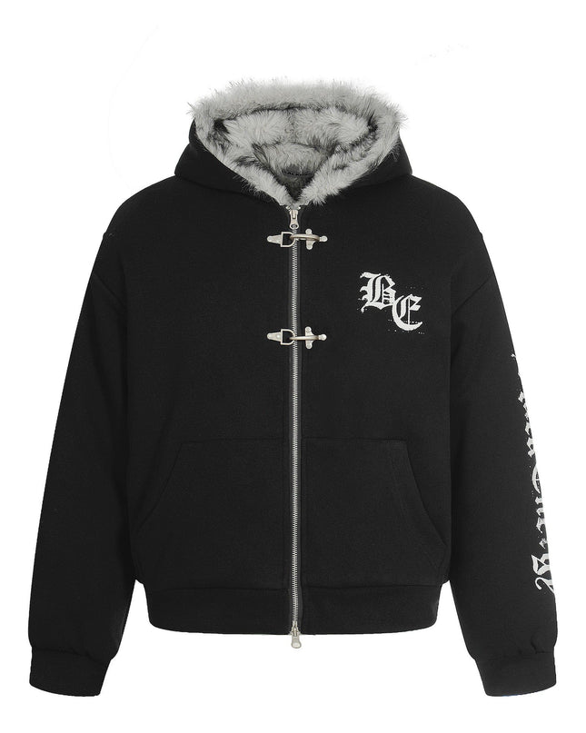 TALKLESSFASHION Jiayiku trendy brand 2025 winter new American mountain carved fur collar cotton jacket fleece sweatshirt jacket hooded cotton jacket