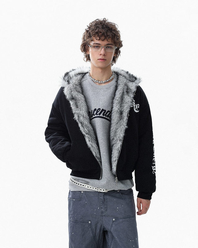 TALKLESSFASHION Jiayiku trendy brand 2025 winter new American mountain carved fur collar cotton jacket fleece sweatshirt jacket hooded cotton jacket