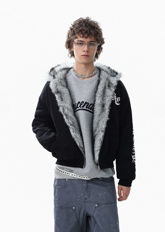 TALKLESSFASHION Jiayiku trendy brand 2025 winter new American mountain carved fur collar cotton jacket fleece sweatshirt jacket hooded cotton jacket